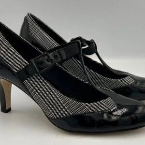 CIRCA JOAN & DAVID Black Patent Houndstooth T-Strap Heeled Pumps